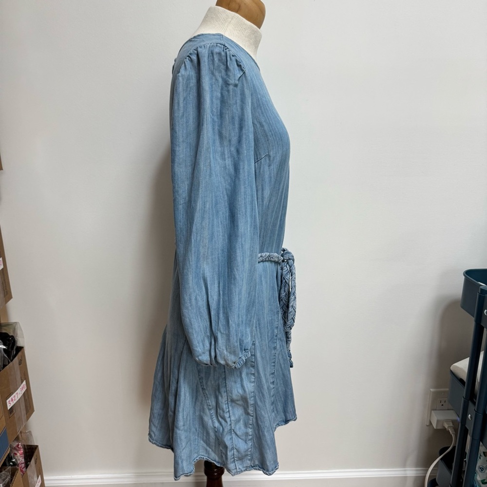 Vineyard Vines Chambray Godet Swing Mini Dress Women Small Belted Long Sleeve - Picture 10 of 13
